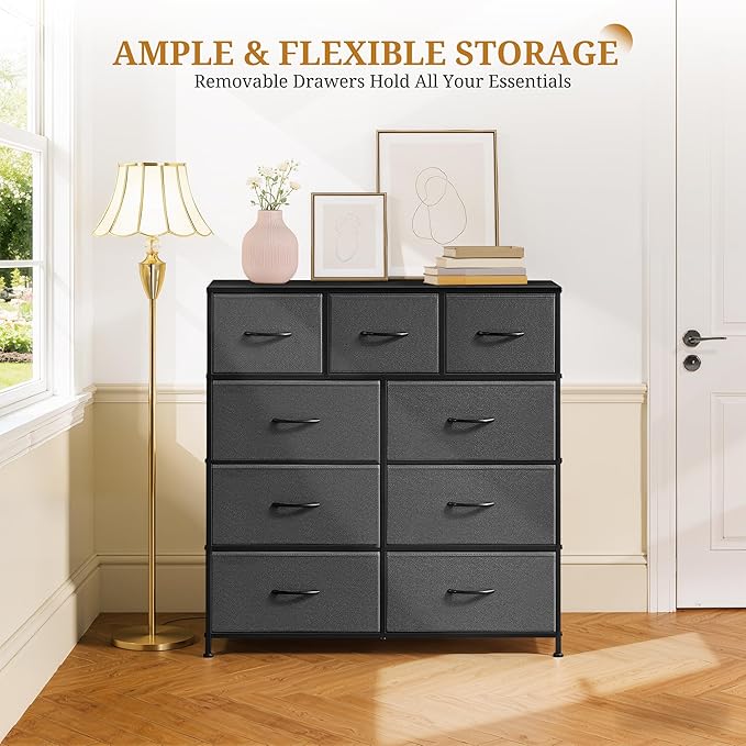 Dresser with 9 Drawers for Bedroom, Fabric Clothes Cabinet for Closet, Anti-Tip Storage Dresser with Metal Frame for Living Room, Entryway, Dorm, Grey