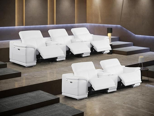 BlackJack Furniture Venice Top Grain Italian Leather Power Recline 8 Piece 5 Seater Sofa - 134" Theater Seating Modern Couch for Living Room Apartment with Adjustable Headrests & USB Port, White