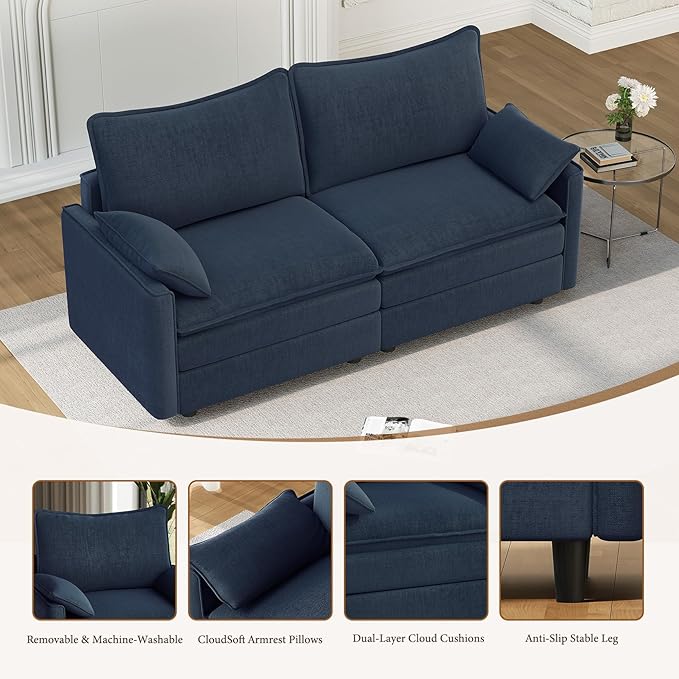 Vesgantti 74" Loveseat Sofa for Living Room, Comfy Cloud Couch Deep Seat Chenille Modern 2 Seater Small Sofa with Armrest Pillow, Easy Assembly for Small Spaces, Blue | Sink-in Comfort, Height Adjustable, Easy Rearrangement, Extra-deep Ottoman, Solid W...