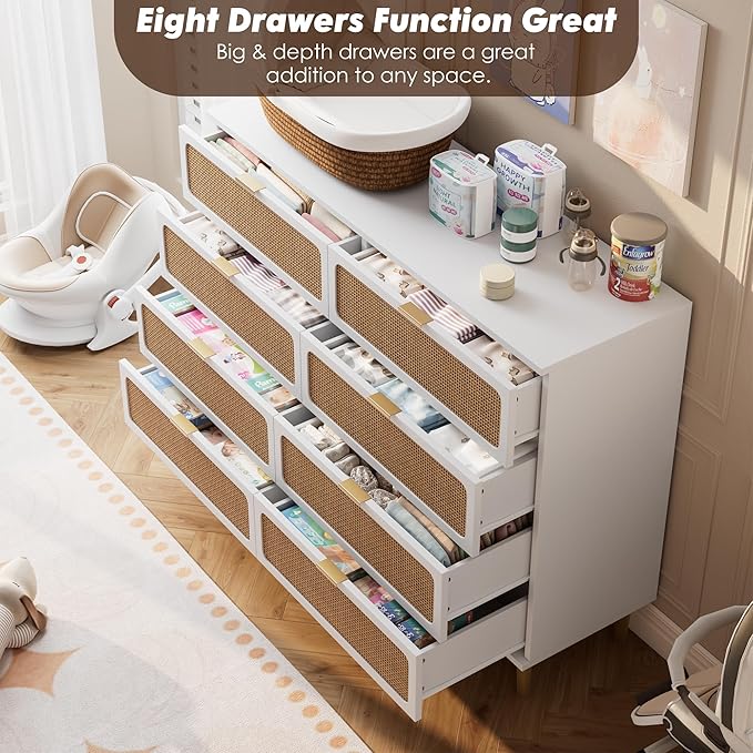 GarveeHome Rattan 8 Drawer Dressers for Bedroom, Tall Dresser with Deep Drawers, Large Chest of Drawers for Closet with Wide Top, Long Wooden Dresser for Living Room, Hallway, Kids Room, White