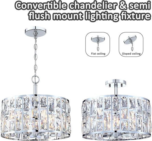 MEXO Farmhouse Crystal Convertible Chandelier and Semi Flush Mount Lighting Chrome Cylinder Drum Shade Pendant for Kitchen Island Dining Room Bedroom Hallway