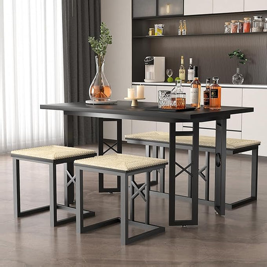 VECELO 43.3" Kitchen & Dining Table Set for 4, Rustic Farmhouse Style with 2 Benches and Wicker Cushions, Compact Metal Frame with Adjustable Foot Pads, Black