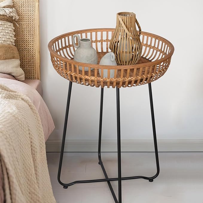 Oakrain Small Side Table, Boho Coffee Table, Bamboo&Rattan, DrinkTable with Boho Style, for Balcony, Living Room, Bedroom (20.47inch, 1PCS)