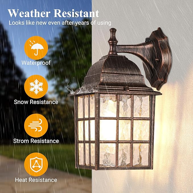 Farmhouse Exterior Light Fixtures - Sensor Dusk to Dawn Outdoor Porch Lights, Black Brush Gold Wall Sconce, Outside Wall Lantern for Front Door, Garage 2 Pack