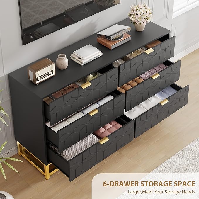 GAOMON Dresser for Bedroom, 53.5" Large Dresser Organizer, 6 Drawer with Golden Metal Handle and Legs, Modern Chest of Drawers, Black Dressers with Drawers for Closet, Hallway, Living Room, Entryway