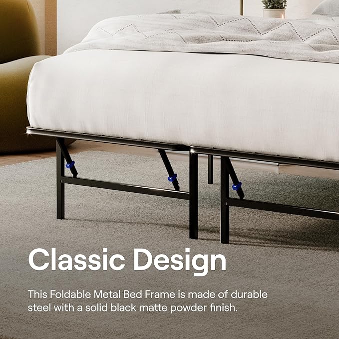 Siena Foldable Metal Platform Bed Frame - Twin XL - Tool-Free Easy Set Up - 14” Height - Classic, Durable Design - Sturdy Coated Steel Frame - No Box Spring Needed - Matte Black Finish