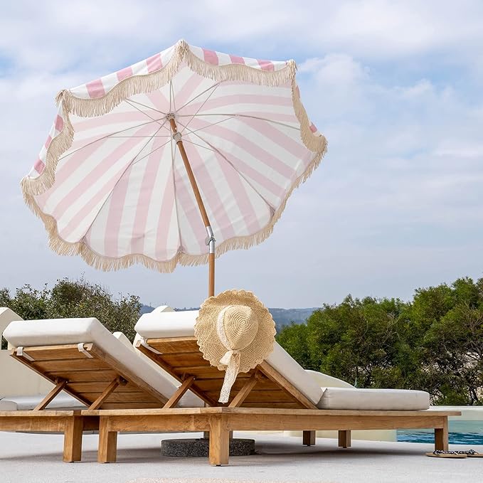 6.5ft Boho Beach Umbrella with Fringe, UPF 50+ Tassel Umbrellas with Carry Bag, Premium Wood Pole Foldable Patio Umbrella for Outdoor Holiday Garden Lawn Pool Yard Table