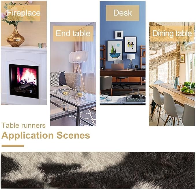 Cowhide Table Runner Black and White Milk Cow Western Style 3D Cow Fur Skin Texture Table Runner for Living Room Kitchen Dining Table Decoration 13x90in