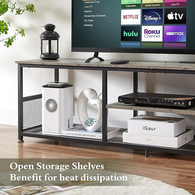 VECELO TV Stand with Power Outlets for Televisions up to 75Inch, 62" Media Entertainment Center with Charging Station 3-Tier Open Storage Shelves with Metal Frame for Living Room/Bedroom，Grey