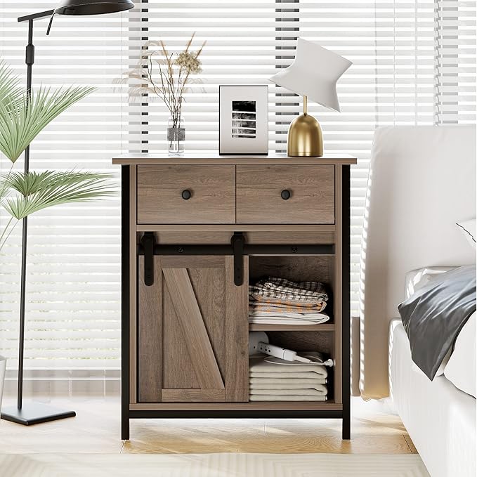 Senfot Coffee Bar Cabinet, Modern Farmhouse Kitchen Buffet Sideboard with 2 Drawers and 2 Shelves, Sliding Barn Door Storage Cabinet for Kitchen, Dining Room, Bathroom, Entryway, Rustic Brown