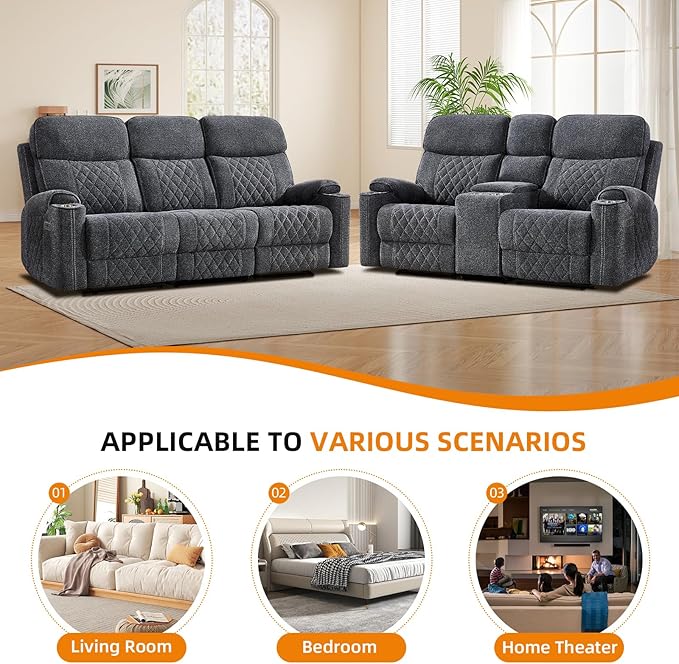 EBELLO Power Reclining Sofa Set, Fabric Electric Recliner Loveseat and 3 Seater Sofa Couch with Cup Holders, USB Type-C Charging Ports and Storage Space, 5 Seats for Small Living Room, Grey