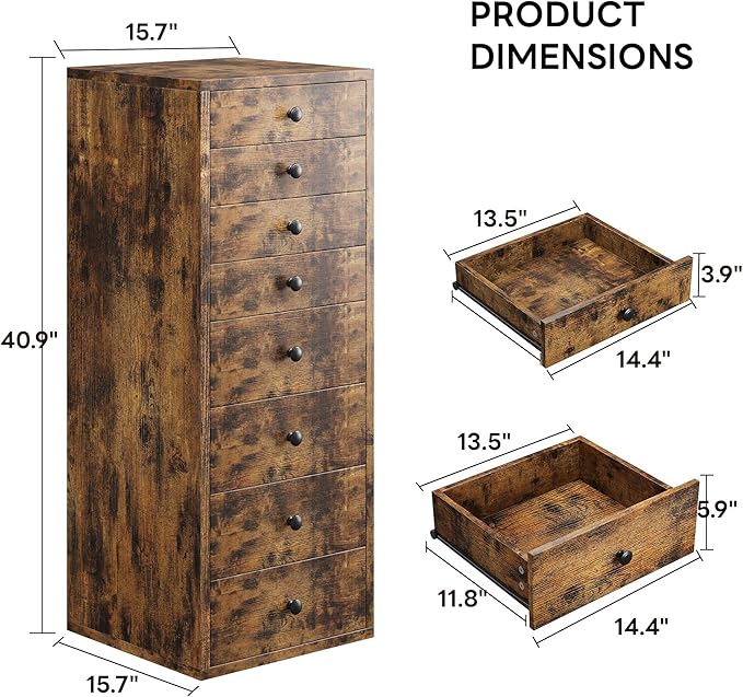 LIKIMIO Tall Dresser, Small Dressers with 8 Storage Drawers, Chest of Drawers for Organizing, Tall Narrow Dresser for Bedroom, Industrial Brown