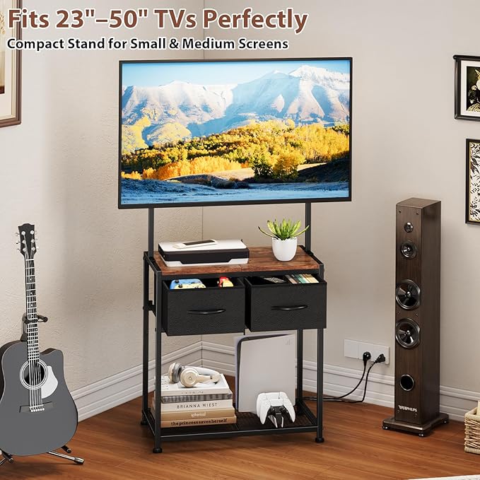 23-50 Inch Corner TV Stand with Mount and 2 Fabric Drawers, Floor Small TV Stand for Bedroom Living Room, Entertainment Center with Storage Shelves, Television Stands TV Console Table, Black & Brown