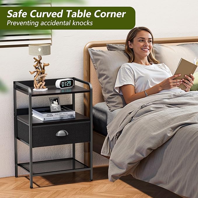 Night Stand with 1 Fabric Drawer and Sturdy Metal Frame, Modern Bedside Table Lightweight & Durable -55LB Load Capacity, Wear-Resistant & Easy-Clean Surface, Black