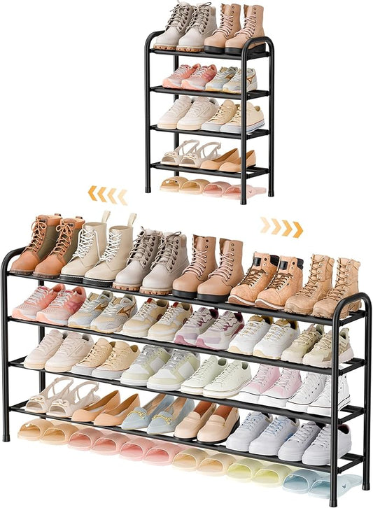 ENJOYBASICS Expandable Shoe Rack, 46.5'' Wide - 24 Pairs Adjustable Shoe Organizer Shelf for Closet, 4-Tier Black Metal Free Standing Shoe Rack Storage for Garage, Entryway