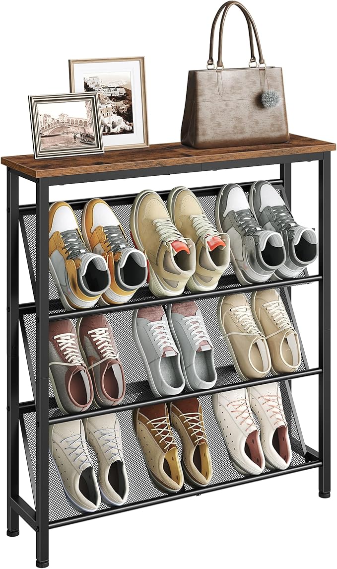 Shoe Rack, 4-Tier Slanted Shoe Storage Shelf, Narrow Shoe Rack for Entryway, Shoe Organizer with Adjustable Feet, Slim Shoe Shelf with Wooden Top and Metal Frame Rustic Brown and Black TXJ75BF