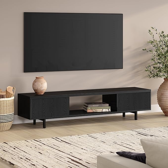 Henn&Hart Fluted TV Stand for TVs up to 78" with 2 Ribbed Side Storage Cabinets and Open Center Storage for Living Room, Family Room, or Office, Natural Black