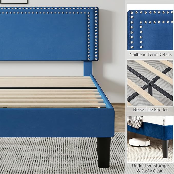 VECELO Queen Size Bed Frame with Adjustable Upholstered Headboard, Wooden Slats Platform, Noise-Free Design, Easy Assembly