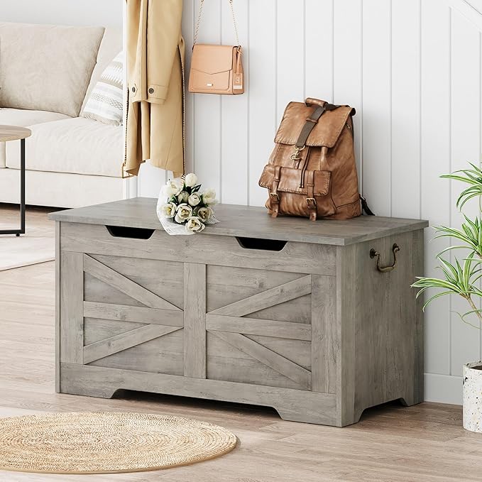 IDEALHOSUE 39.4" Storage Chest, Wooden Storage Bench with Safety Hinge, Retro Blanket Storage Trunk for Entryway, Living Room, Supports 350 lb, Gray