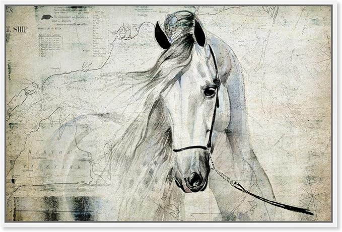 Country Farmhouse Canvas Print Painting Animal Wall Art 'Southern White Horse' White Framed Canvas Rustic Home Décor 54x36 in Gray, Brown by Oliver Gal
