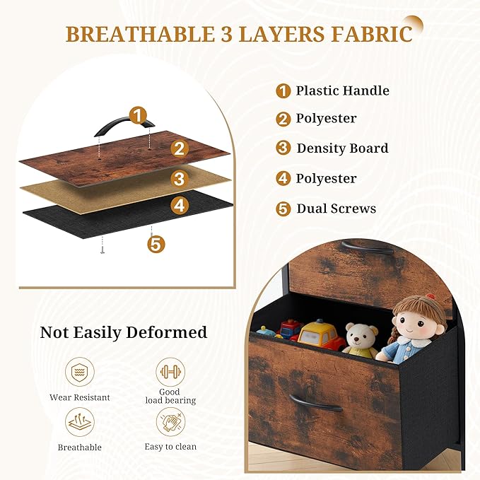 Dresser with 5 Drawers for Bedroom, Fabric Clothes Cabinet for Closet, Anti-Tip TV Stand for 45" TV, Storage Dresser with Metal Frame for Living Room, Entryway, Dorm, Brown