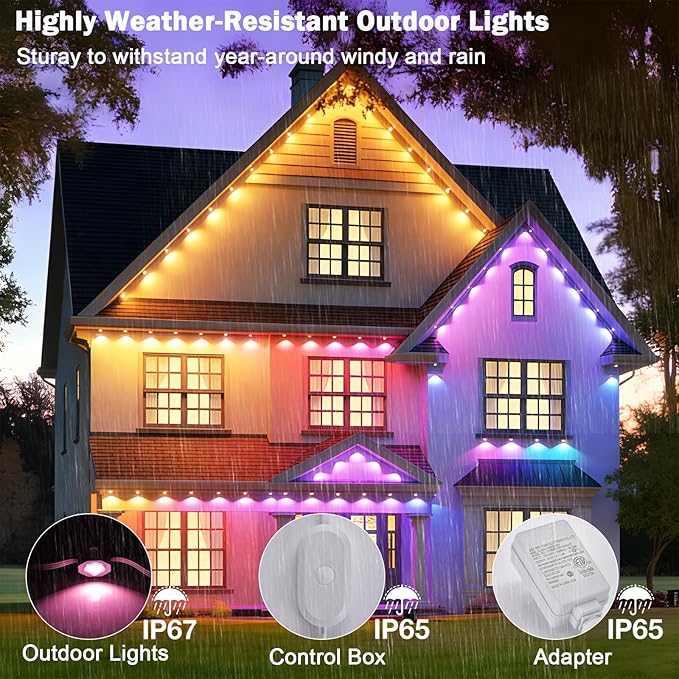 Permanent Outdoor Lights for House, 50ft Smart RGB Permanent Outdoor Eave Lights with 63 Scene Modes,IP65 Waterproof LED Holiday Lighting for Party Halloween Christmas Decoration