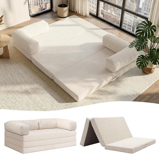 JUIKURY Folding Sofa Bed, Convertible Sleeper Chair with Pilow Foldable Matress, 2 in 1 Pull Out Loveseat Sofa Portable Fold Out Chair Bed Floor Couch Lounge for Living Room (Beige, Queen-82"L x 60"W)