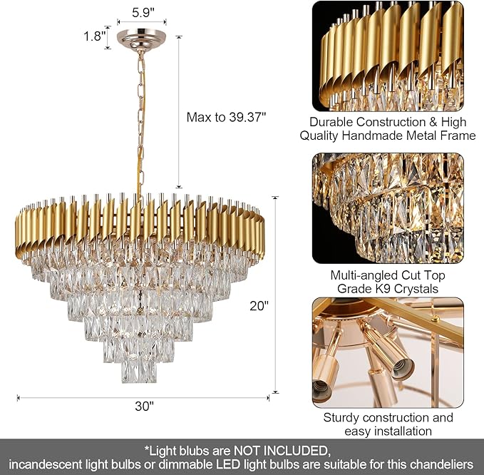 AXILIXI Gold Crystal Chandelier, Modern 30" Round Chandeliers for Dining Room K9 6-Tier Extra Large Ceiling Pendant Light Fixtures Golden Luxury Chandelier for Foyer Living Room Staircase