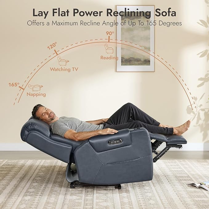 Watson & Whitely Genuine Leather Power Loveseat and Recliner Sofa Set, Lay Flat Reclining Couch with Console, Power Headrest, USB & Wireless Charging, Cup Holders for Living Room, Navy Blue