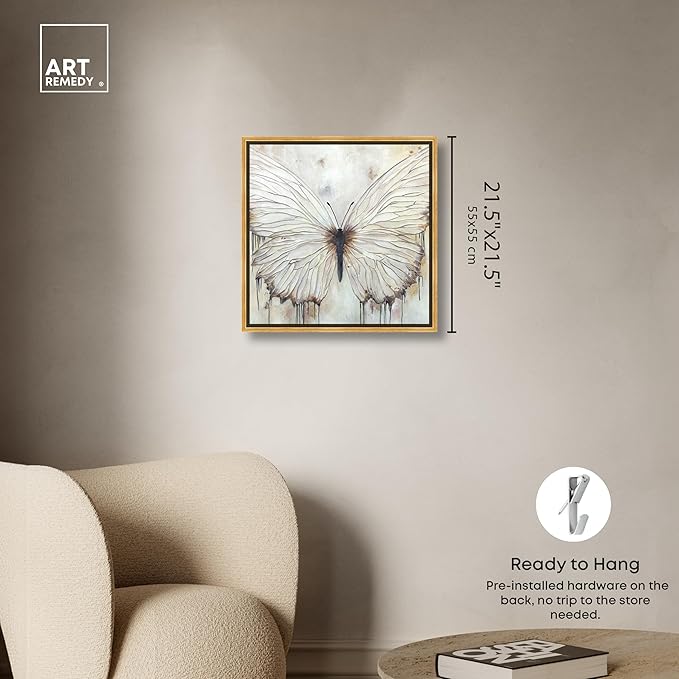 Art Remedy Neutral Beauty Chic Farmhouse Canvas Wall Art, Gold Floater Frame, 20"x20"