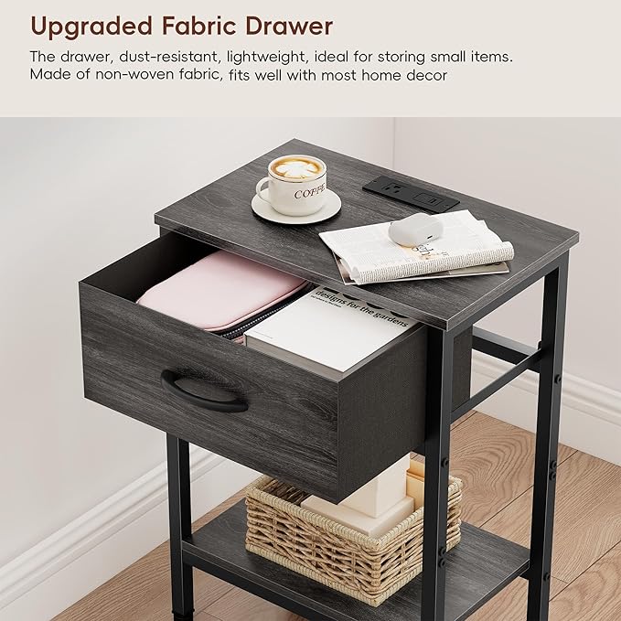 Vagusicc Nightstand with Charging Station, End Table with Fabric Drawer, Small Side Table with 2-Tier Storage Shelves, 25.4" Tall Night Stand, Bedside Table for Bedroom, Living Room, Dorm, Black Oak