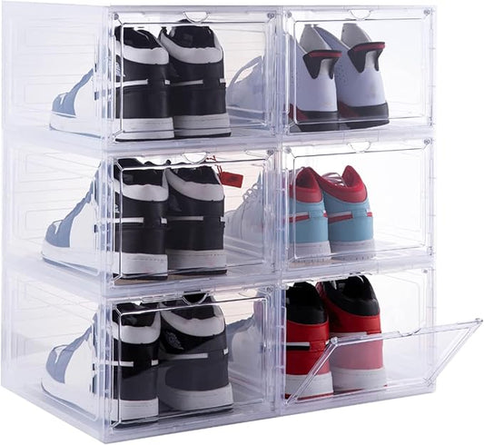 Shoe Organizer Shoe Storage Boxes, 6 Pack Large Drop Front Shoe Boxes with Magnetic Door, Clear Plastic Stackable Shoe Containers (Clear White)