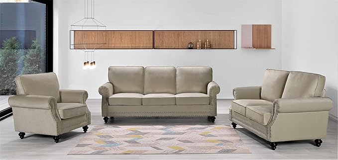 Container Furniture Direct Lotus Mid Century Modern Velvet Upholstered Living Room Rolled Arms, Chair, Loveseat and Sofa, Ivory