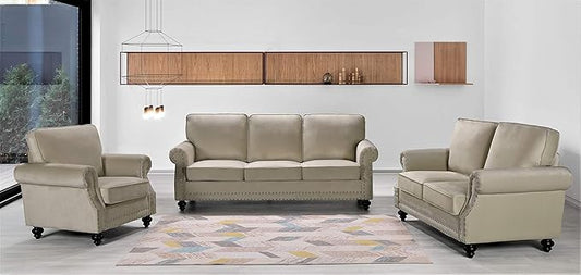 Container Furniture Direct Lotus Mid Century Modern Velvet Upholstered Living Room Rolled Arms, Chair, Loveseat and Sofa, Ivory