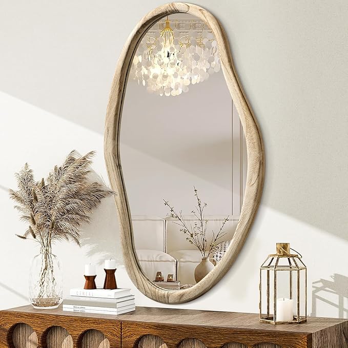 JJUUYOU Irregular Wood Mirror Asymmetrical Bathroom Wall Mounted Mirror 34"x22" Large Horizontal or Vertical Hanging Wall Mirrors for Makeup Bedroom Living Room Wood