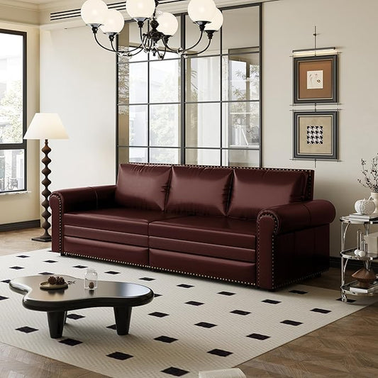 Eafurn 93.7" King Size Pull Out Sofa Bed, 3-in-1 Convertible Sleeper Sofa Couch Bed with Nailhead Decor and Rolled Arms, Faux Leather Oversized Chesterfield Loveseat Chaise Lounge