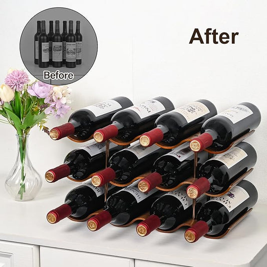 Countertop Wine Rack - 12 Bottle Freestanding Wine Bottle Holder Stand - 3 Tier Wooden Wine Storage Rack - Walnut Wavy Wine Organizer for Cabinet Pantry Home Kitchen Bar