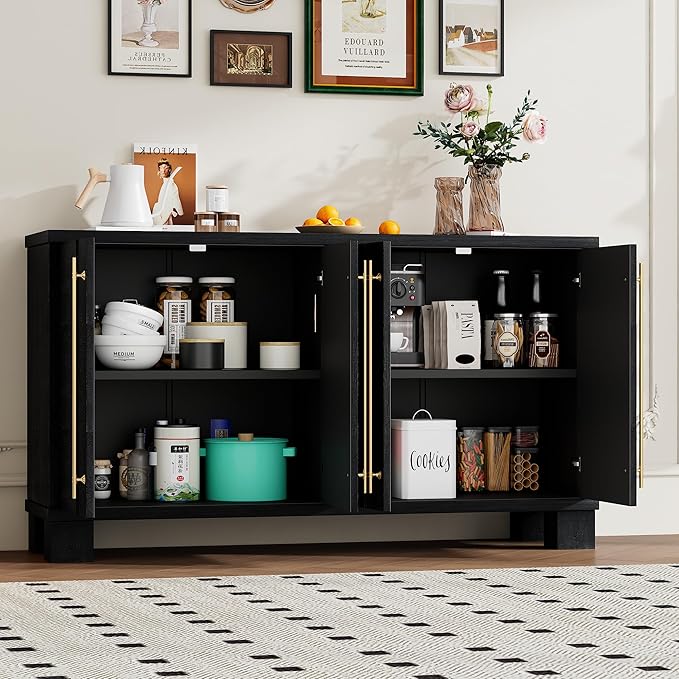 Ball & Cast 60“ Sideboard Buffet Cabinet with Storage,Traditional Coffee Bar Cabinet with 4 Doors and Adjustable Shelves,Wood Side Board Table with Long Gold Handles or Living Room, Kitchen,Navy