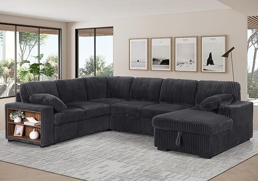 ERYE Oversized U-Shaped Pull Out Sleeper Couch Bed, Modern U Shaped Sleeper Sectional Sofa Corduroy Corner Convertible Sofa Bed with Storage Chaise Lounge and Cabinet