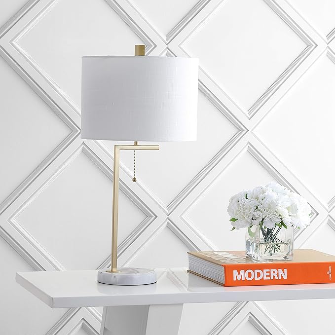 JONATHAN Y 24.5" Brass Gold/White Marble Modern Table Lamp for Bedroom, Linear Desk Lamp for Living Room Office, White Linen Drum Shade, Pull Chain, LED Bulb Included JYL1043A