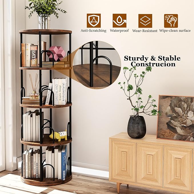 4 Tier Rotating Bookshelf, 360 ° Display Corner Book Shelf, Stackable Spinning Bookshelf Tower, Narrow Tall Revolving Bookcase, Round Swivel Storage Organizer (Black, 4 Tiers)