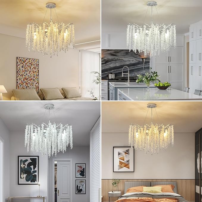 Modern Crystal Tree Branch Chandelier, Chrome Round Art Deco Raindrop Lighting Fixture for Dining Room Bedroom Foyer 6 Lights D18''