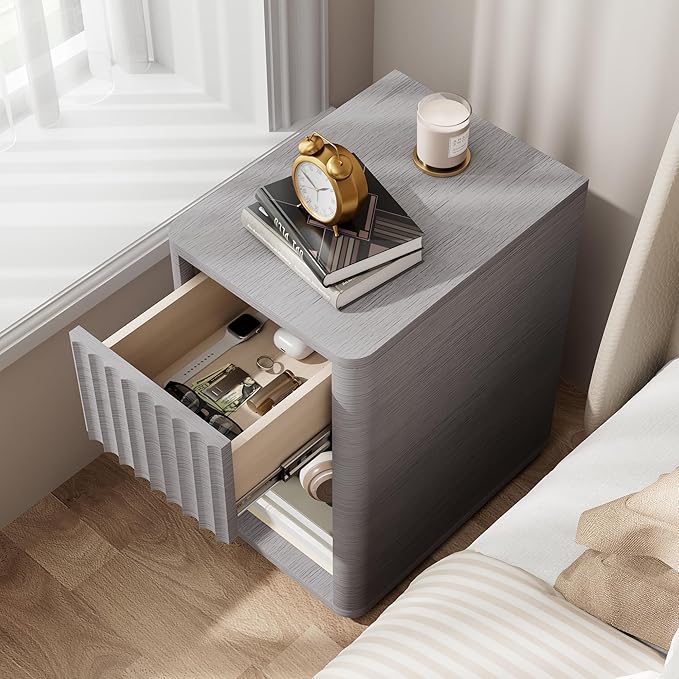 VICITON Fluted Narrow Night Stand,Thin Nightstand with Leather Surface, Small End Table with Storage, Living Room/Bed Side Table for Small Spaces (Light Gray, Normal)