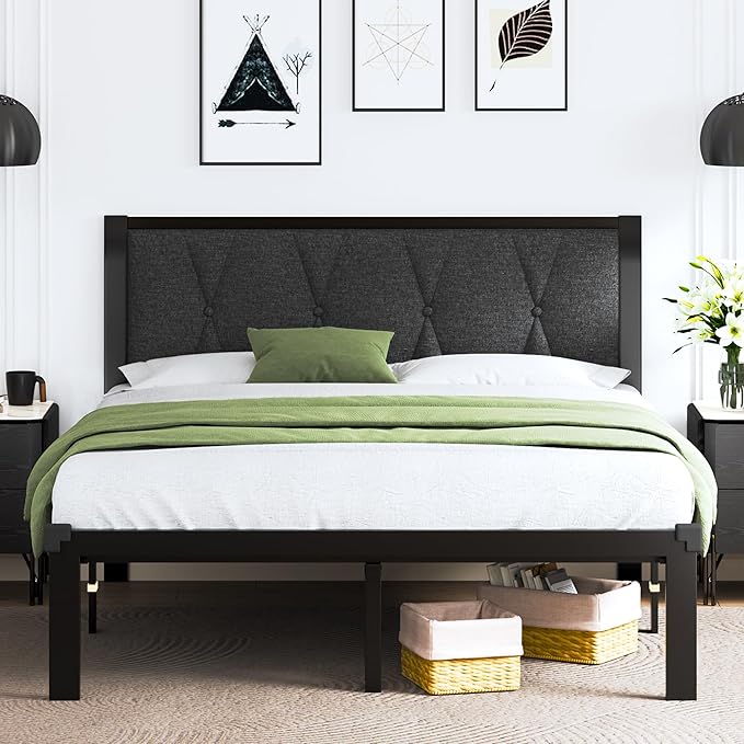 Feonase Full Size Metal Bed Frame with Fabric Button Tufted Headboard, Platform Bed Frame with Heavy Duty Metal Slats, 12" Storage Space, Noise Free, No Box Spring Needed, Dark Grey