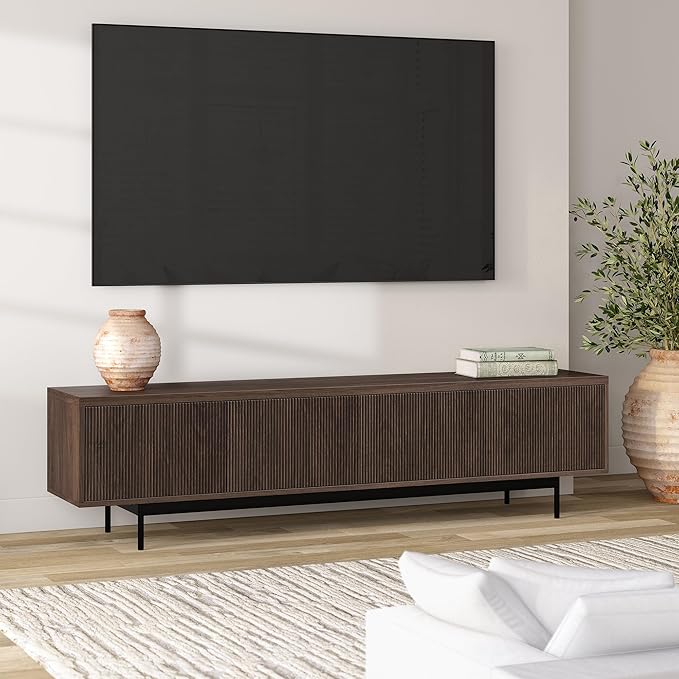 Henn&Hart Fluted TV Stand for TVs up to 85" with 2 Open-Concept Ribbed Storage Cabinets for Living Room, Family Room, or Office, Warm Brown