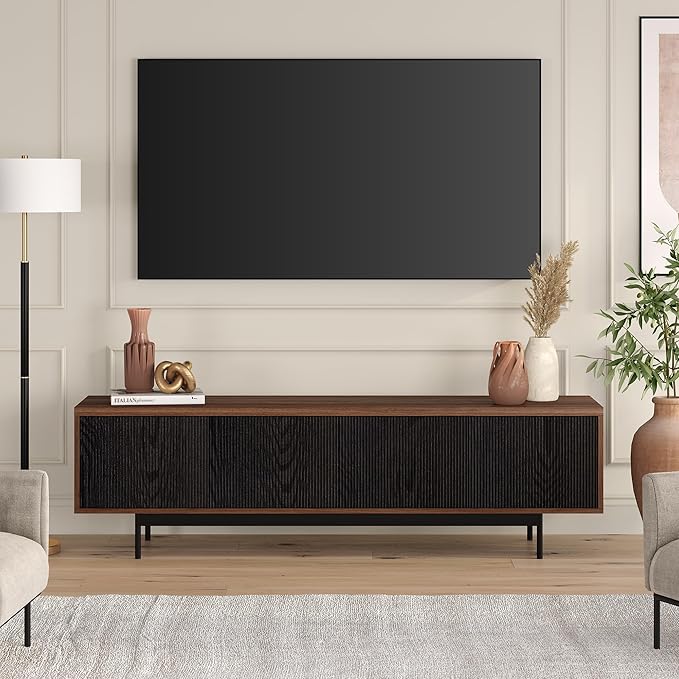 Henn&Hart Fluted TV Stand for TVs up to 75" with 2 Open-Concept Ribbed Storage Cabinets for Living Room, Family Room, or Office, Medium Walnut/Natural Black