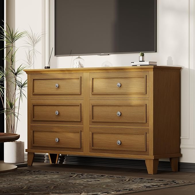IDEALHOUSE 6 Drawer Dresser, Wooden Storage Chest of Drawers with Exquisite Metal Handles, Large Wide Dresser TV Stand, Modern Drawer Organizer for Bedroom, Living Room, Hallway, Entryway, Brown