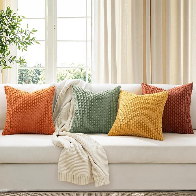 MIULEE Burnt Orange Decorative Throw Pillow Covers for Couch Modern Striped Cushion Covers Soft Corduroy Pillowcase Home Decor for Bed Sofa Living Room 20x20 Inch Set of 4 Yellow Orange