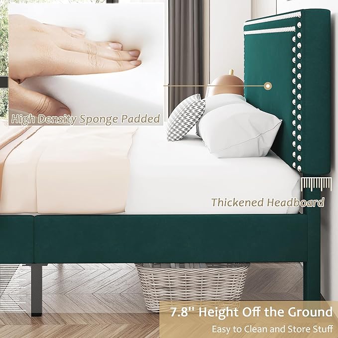 VECELO Full Size Bed Frame with Adjustable Upholstered Headboard, Wooden Slats Platform, Noise-Free Design, No Box Spring Needed, Easy Assembly
