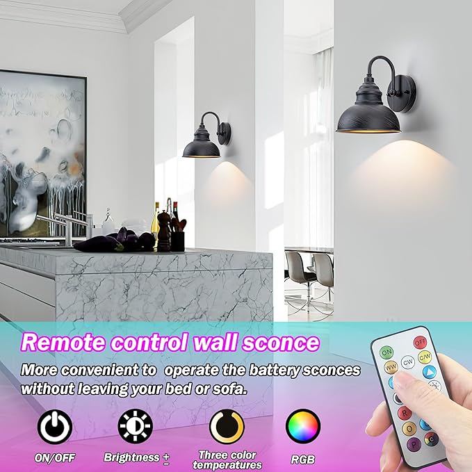 Industrial Battery Operated Wall Sconces Set of Two Wall Light Fixture with Remote, Indoor Not Hardwired Wall Mount Lamp for Bedroom Bathroom Vanity Light, Easy to Install, Batteries Included